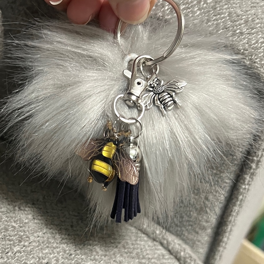 New Gray Fur Pom Pom Keychain with Bee Charm
